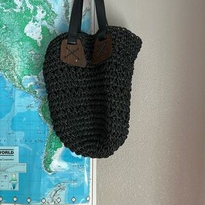 Straw Studios Black woven Tote Bag with Leather Accent